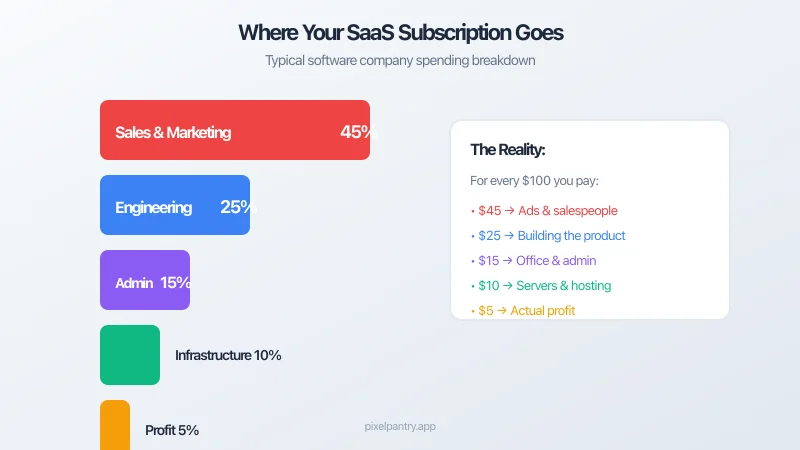 Visualization of money flowing through a software company showing different expense categories