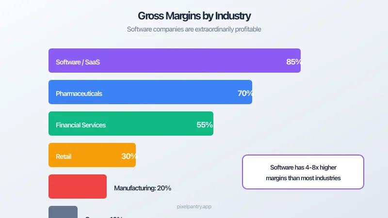 Chart showing software company gross margins compared to other industries like retail, manufacturing, and restaurants