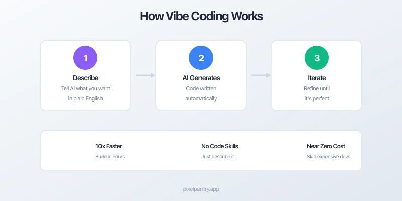 Vibe coding workflow showing the three-step process: describe, generate, iterate