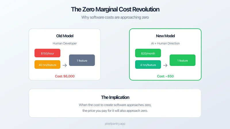 Abstract visualization showing the declining cost curve of software development as AI capabilities increase