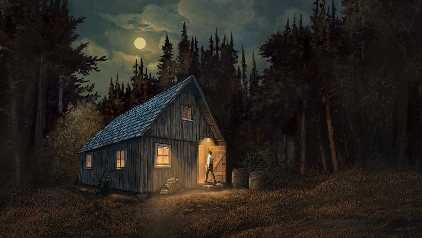 The Last Entry: a man stands in the illuminated doorway of a timber workshop beneath a moonlit forest.